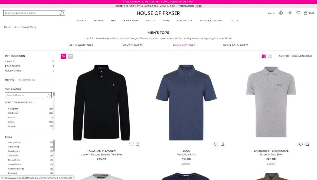 House of Fraser desktop filtering on a product listing page.