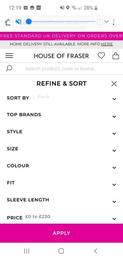 House of Fraser mobile filtering on a product listing page.